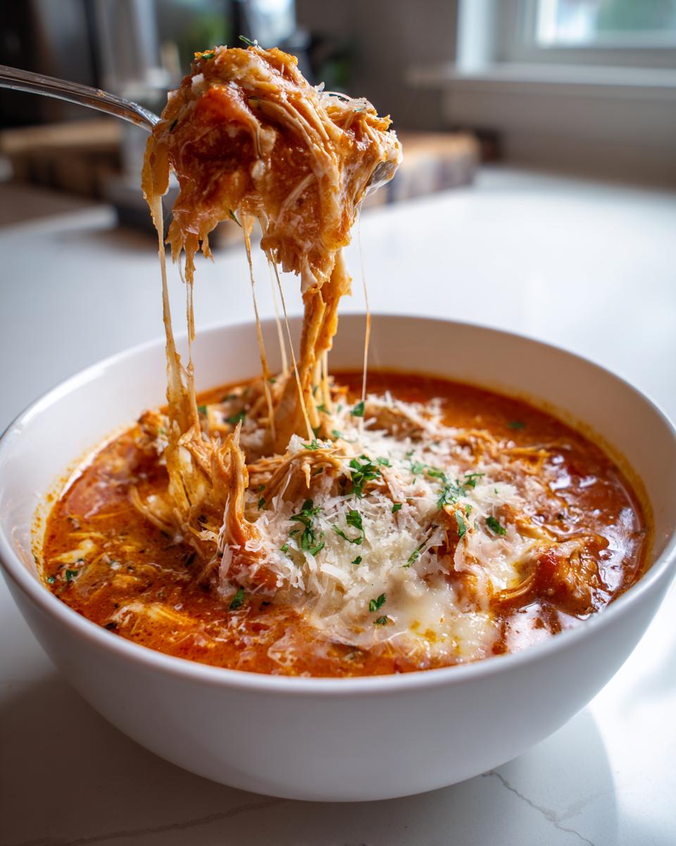 A spoonful of shredded chicken parmesan soup showing a dramatic cheese pull over a bowl of rich tomato broth.