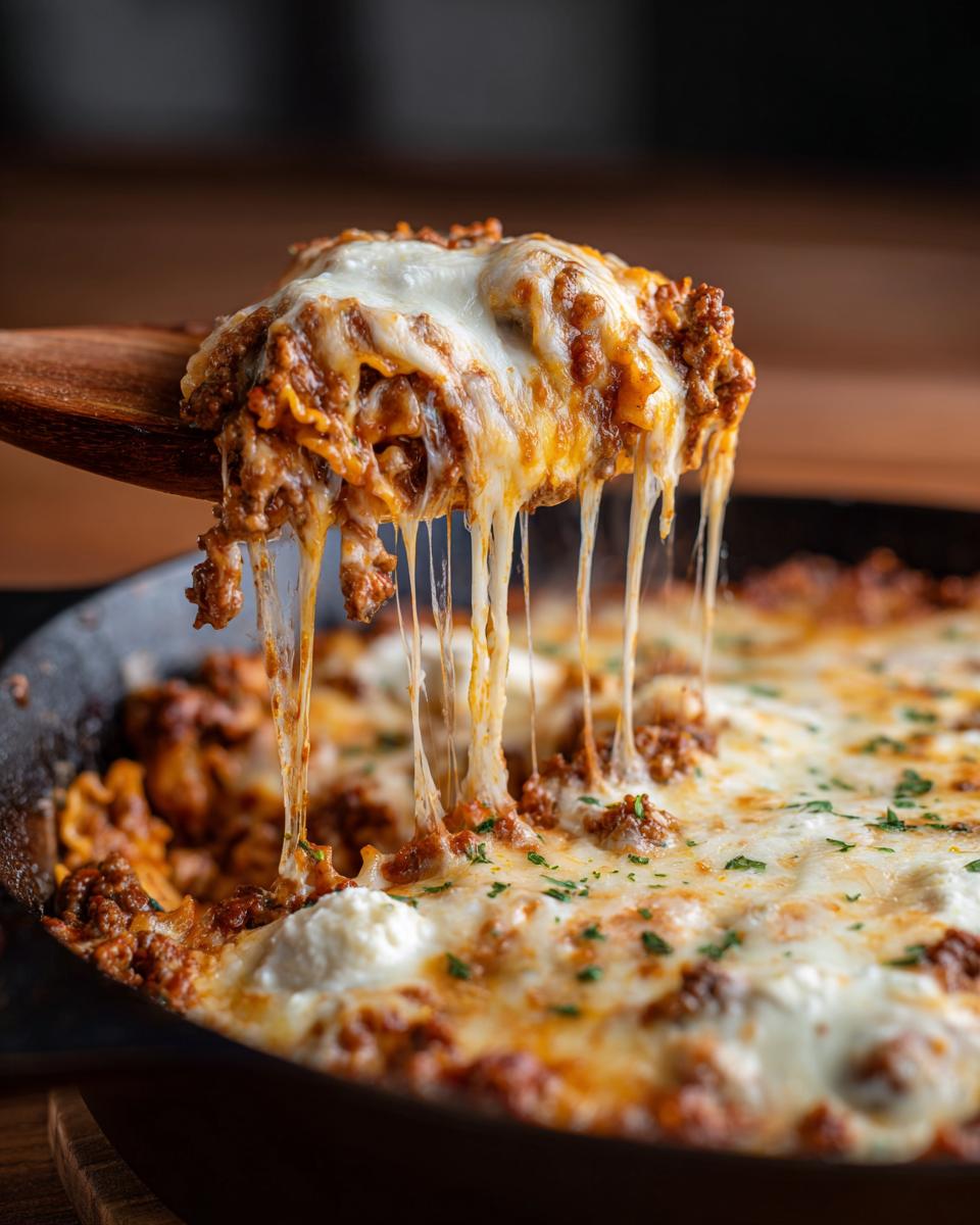 A wooden spoon lifts a cheesy, meaty portion of skillet lasagna, showing long, dramatic cheese pulls.