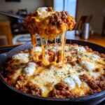 A spoonful of cheesy skillet lasagna is lifted, showing long, gooey cheese pulls over the rich meat sauce.