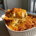 A spoonful of creamy, cheesy vegetable casserole being lifted, showing long cheese pulls over the golden-brown baked dish.