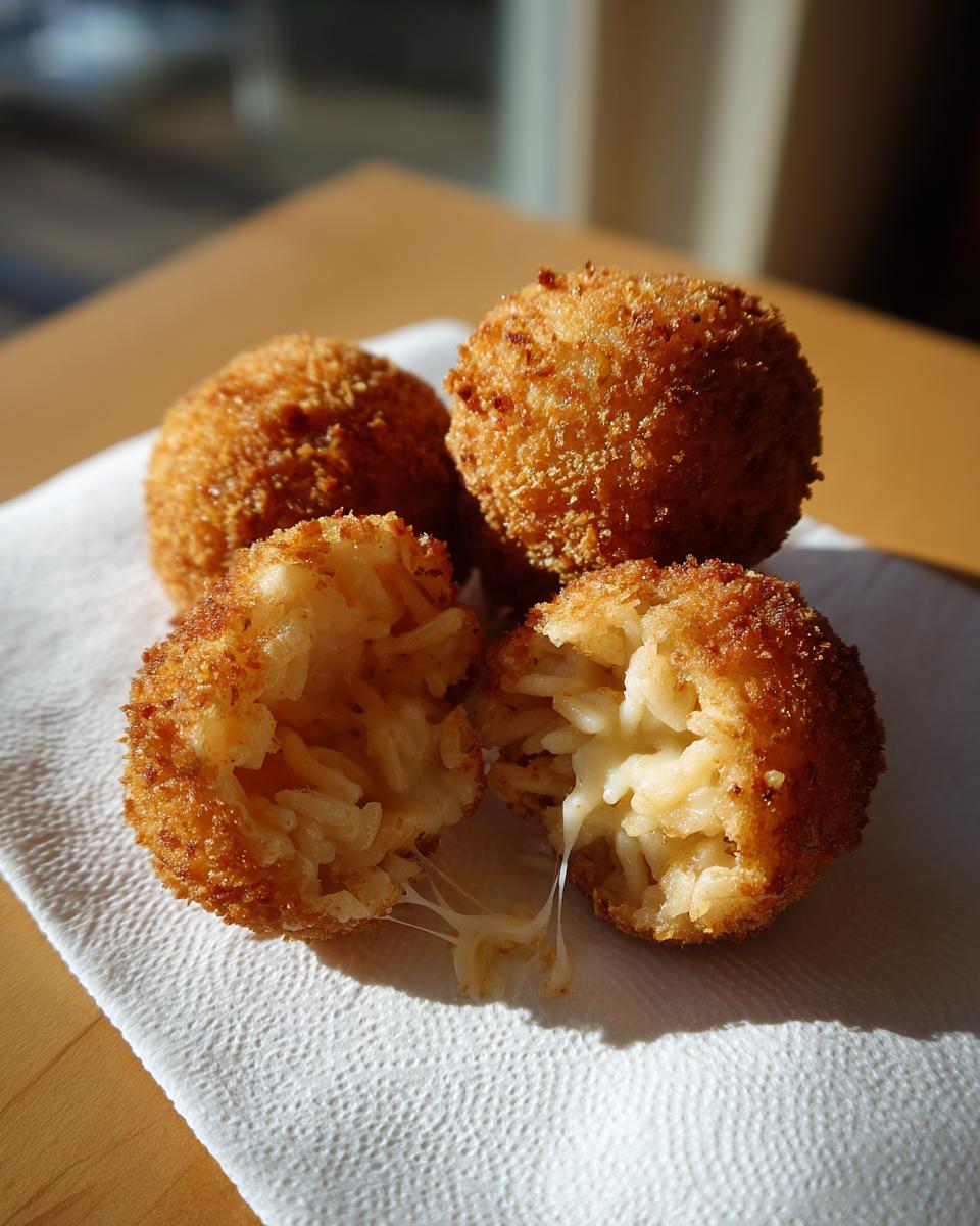 Four golden-brown, crispy rice balls, one broken open showing melted cheese stretching between the halves.