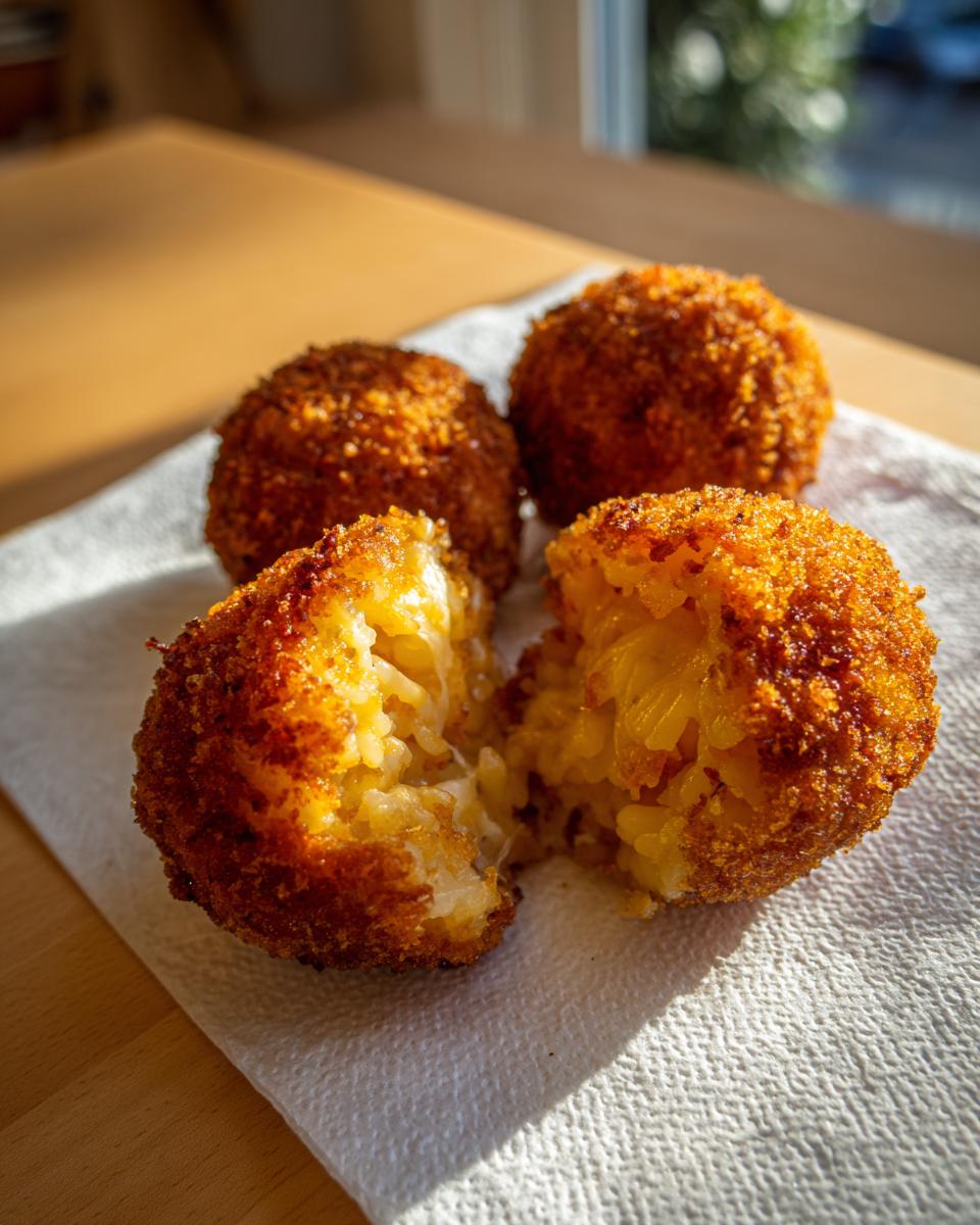 Close-up of three golden brown, crispy rice balls, one broken open showing the cheesy rice filling.