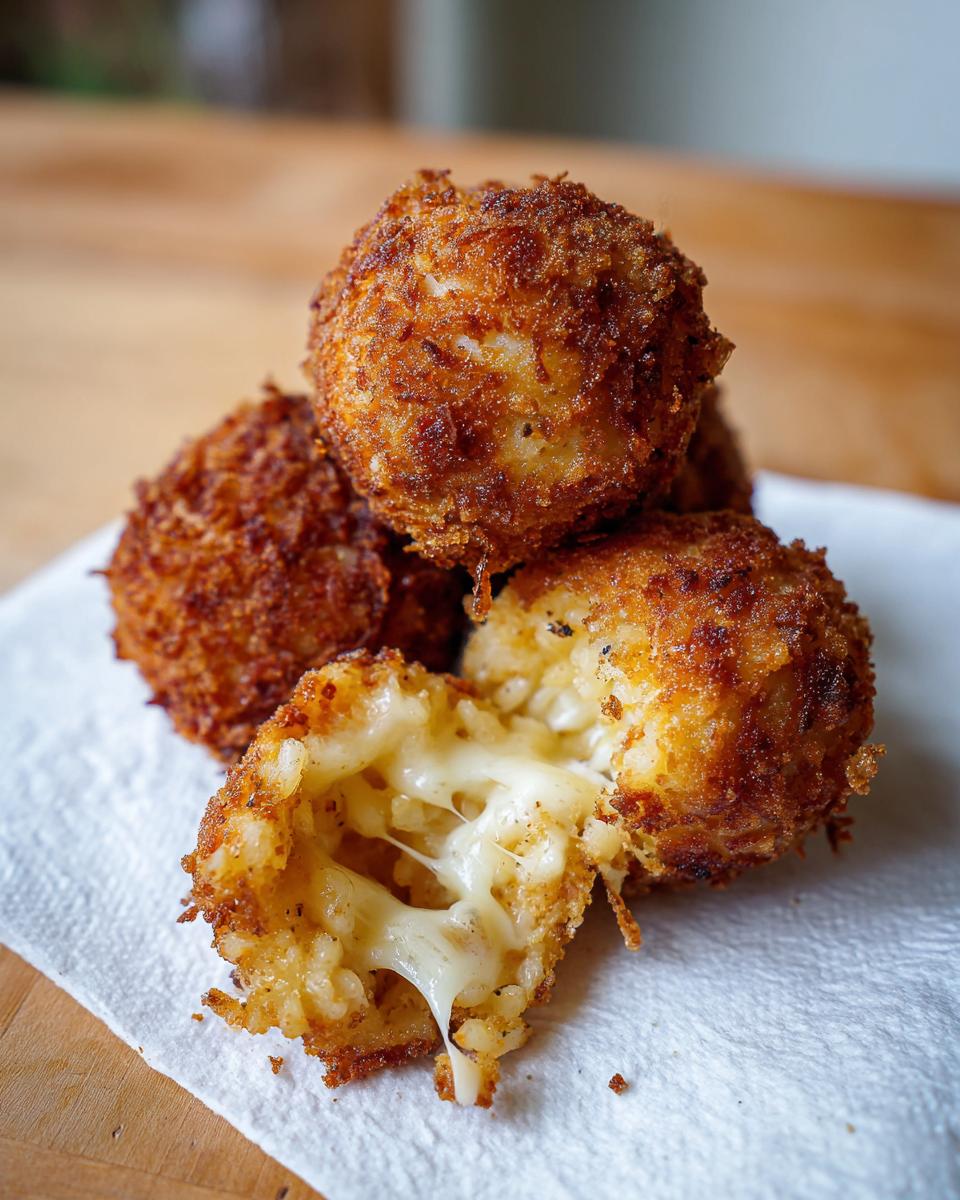 Close-up of golden brown, crispy rice balls, one broken open showing melted, stringy cheese inside.
