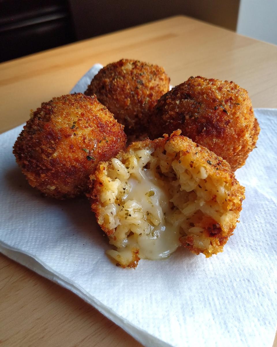 Four golden-brown, deep-fried rice balls, one cut open revealing a gooey, cheesy center.