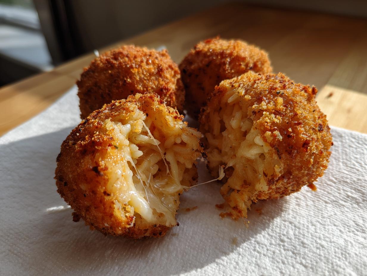 Four golden-brown, crispy rice balls resting on a white napkin, one broken open showing melted cheese stretching inside the cheesy rice balls.