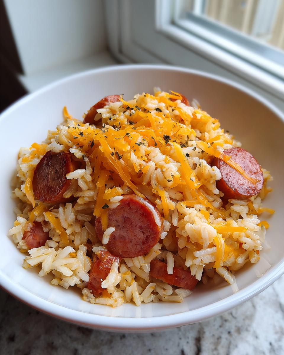 A white bowl filled with cheesy sausage and rice, topped with shredded cheddar and dried herbs.