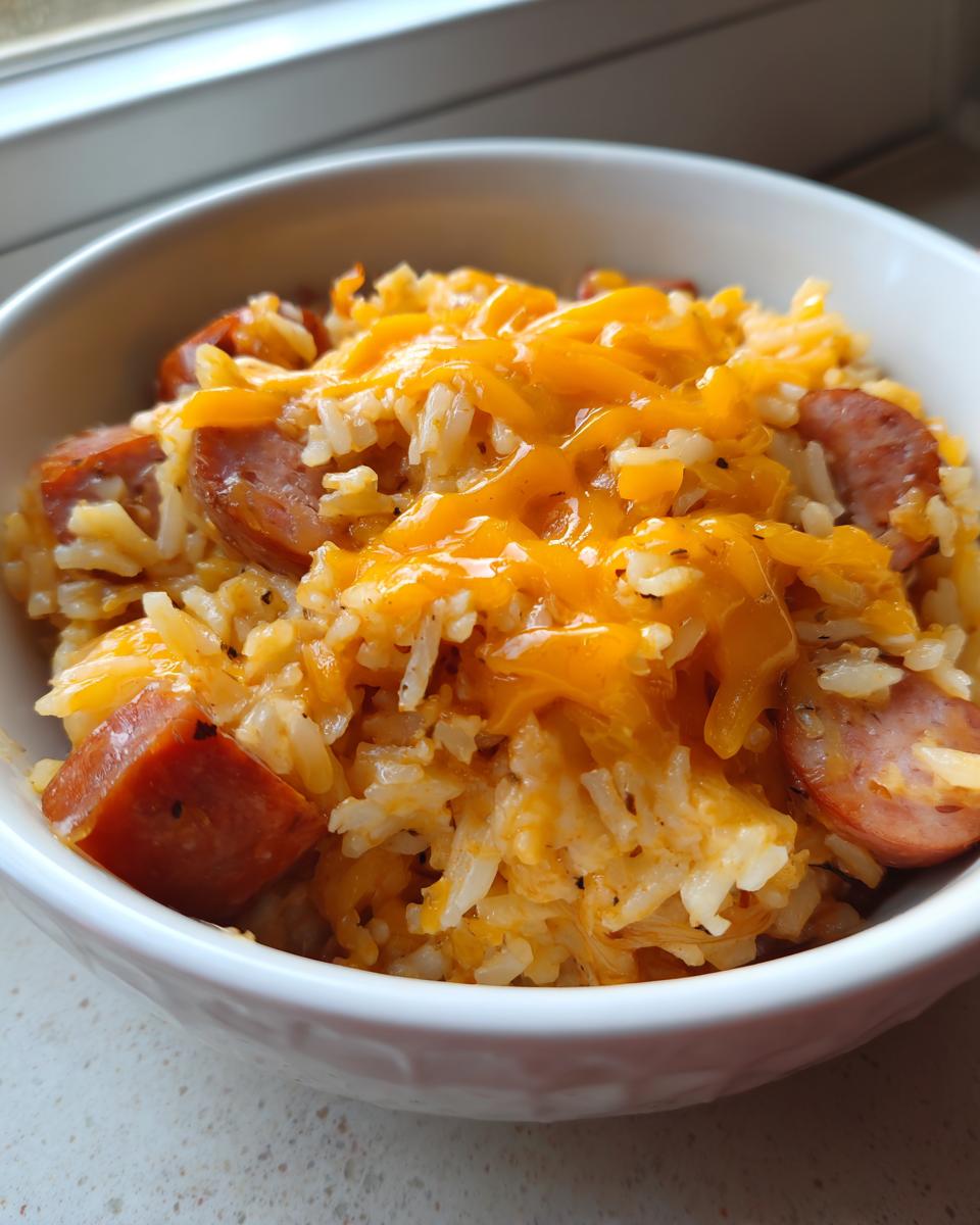 A close-up of cheesy sausage and rice topped with melted cheddar cheese served in a white bowl.