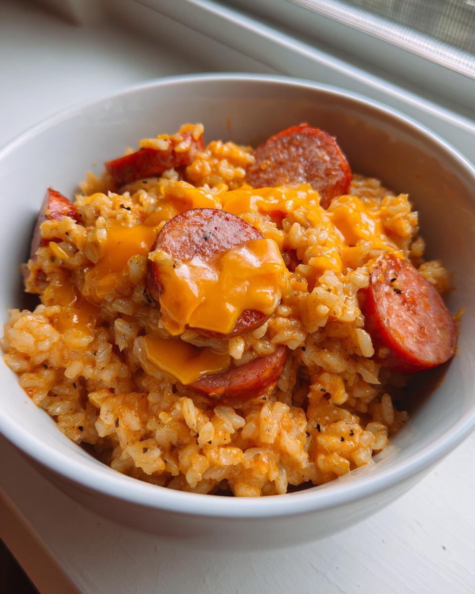 Close-up of cheesy sausage and rice mixture served in a white bowl, featuring melted orange cheese.