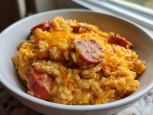 Close-up of a bowl filled with cheesy sausage and rice, topped with melted cheddar cheese.