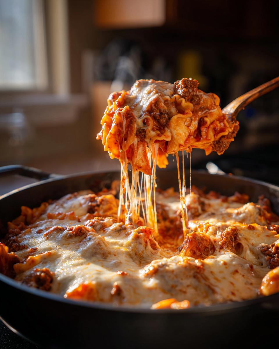 A spoonful of hot, cheesy skillet lasagna is lifted from the pan, showing long cheese pulls.