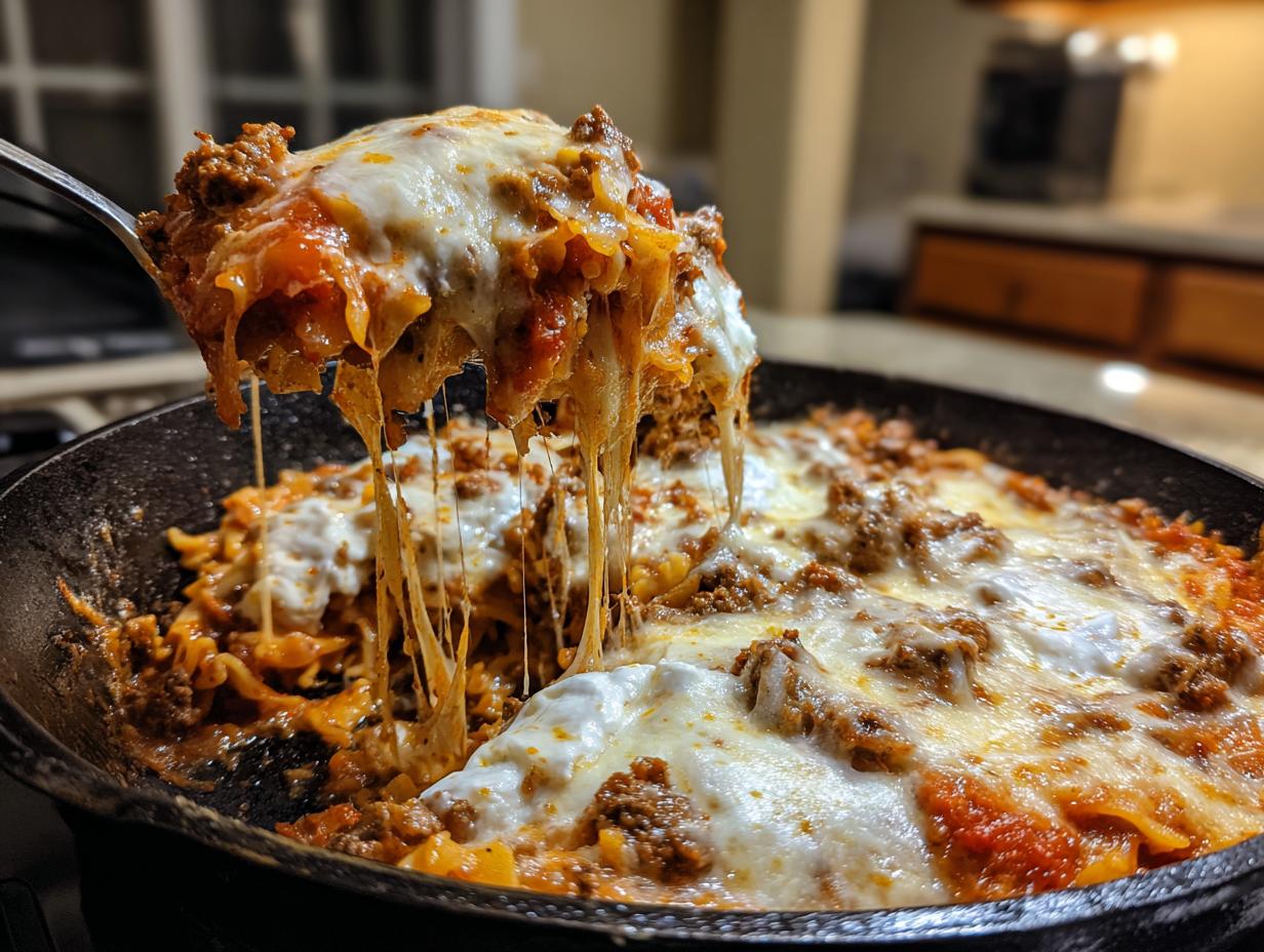 A spoonful of cheesy skillet lasagna is lifted from a cast iron pan, showing long, melted cheese strings.