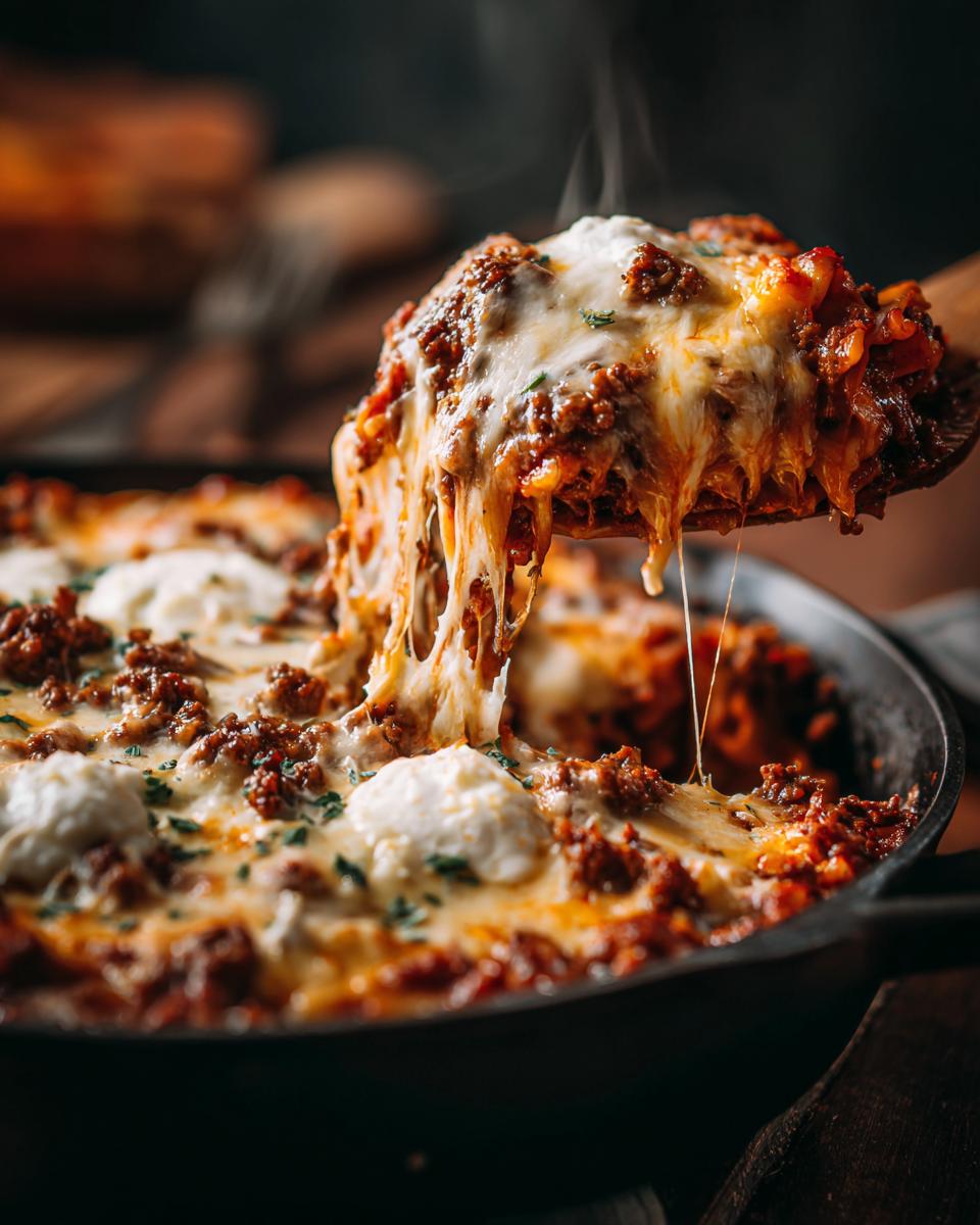 A wooden spoon lifts a steaming portion of skillet lasagna, showing melted, stringy cheese and rich meat sauce.