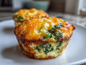 A close-up of a golden-brown baked egg muffin topped with melted cheddar cheese and visible spinach filling.