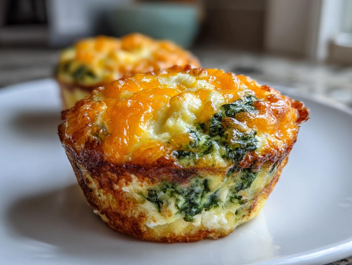 A close-up of a golden-brown baked egg muffin topped with melted cheddar cheese and visible spinach filling.