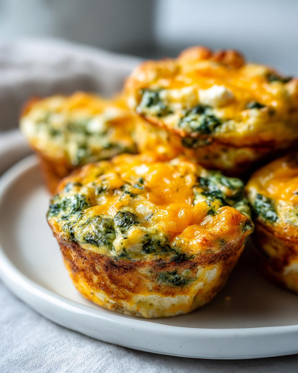 A stack of golden-brown, cheesy spinach egg muffin cups on a white plate, perfect for meal prep.