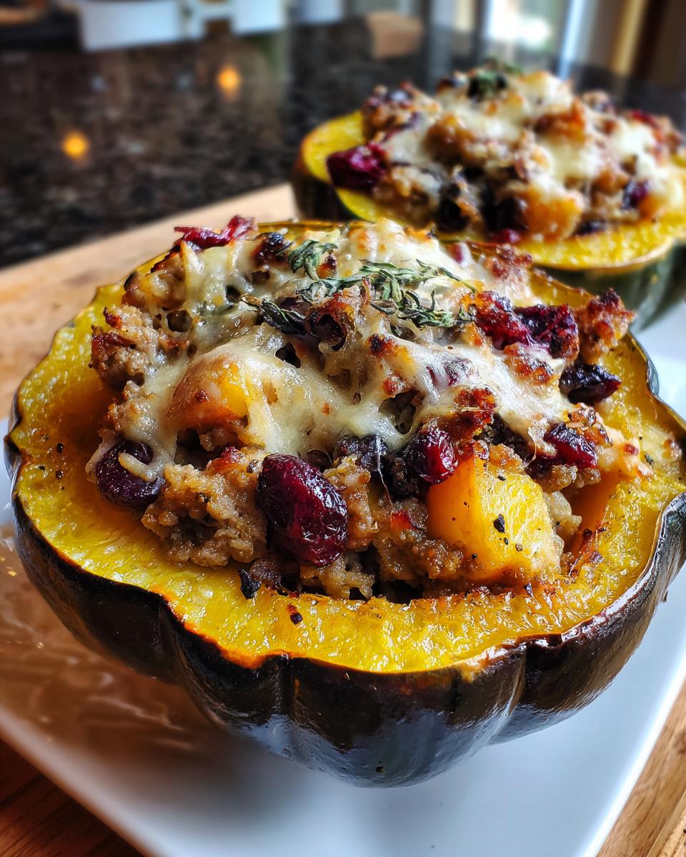 Close-up of a baked stuffed acorn squash half topped with melted cheese, sausage, and dried cranberries.