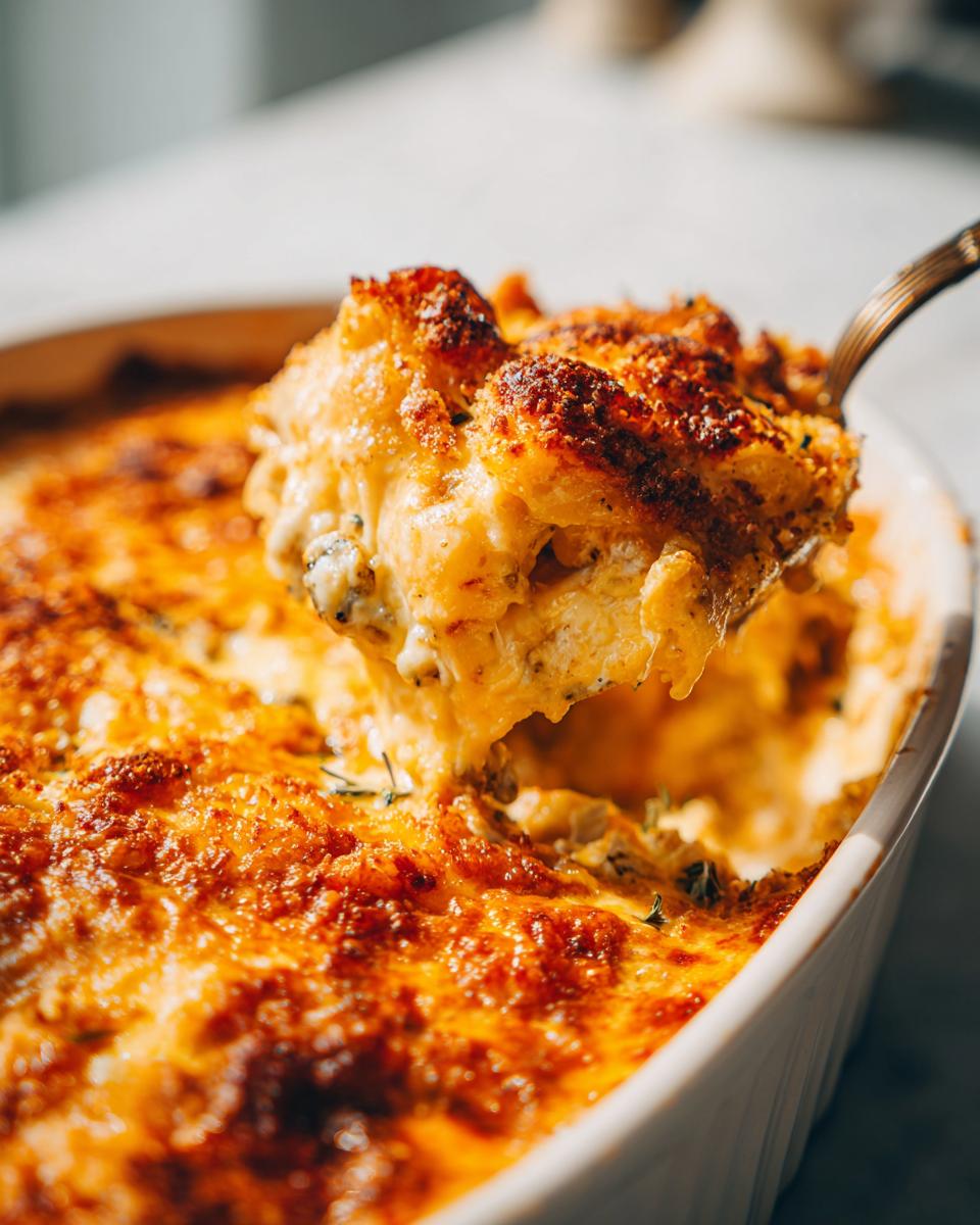 A spoonful of creamy, baked vegetable casserole with a golden, browned cheese crust being lifted from the dish.
