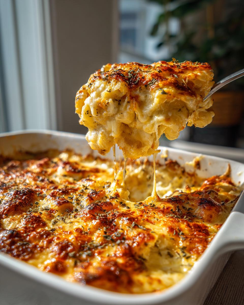 A spoonful of creamy, cheesy vegetable casserole being lifted from a white baking dish, showing cheese pulls.