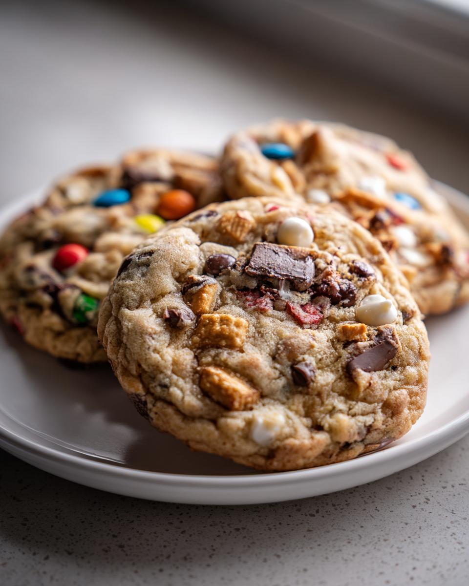 Close-up of thick, chewy kitchen sink cookies loaded with chocolate chunks, M&Ms, and pretzels on a light gray plate.