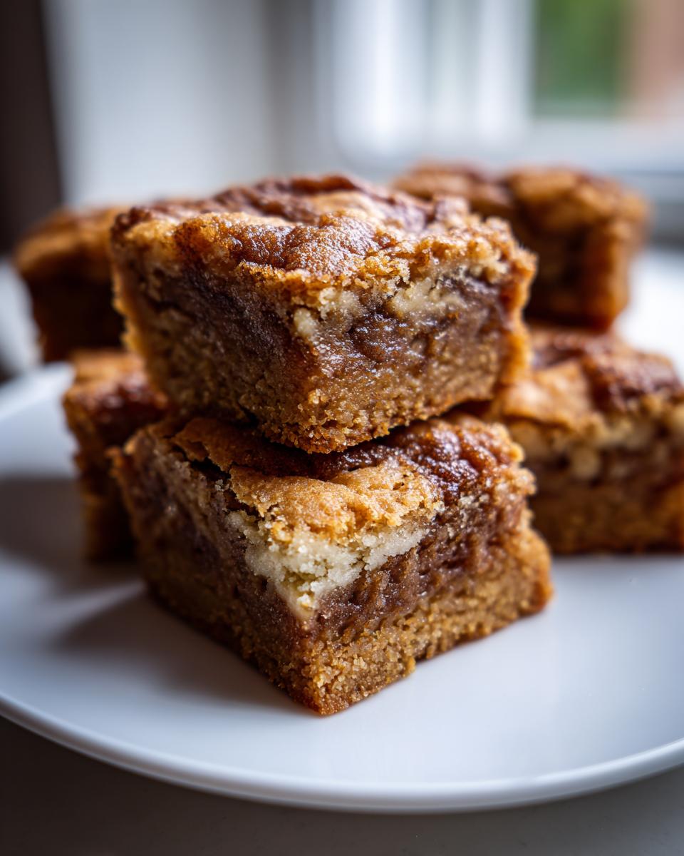 Close-up of stacked snickerdoodle blondies showing a gooey center and cinnamon swirl topping on a white plate.