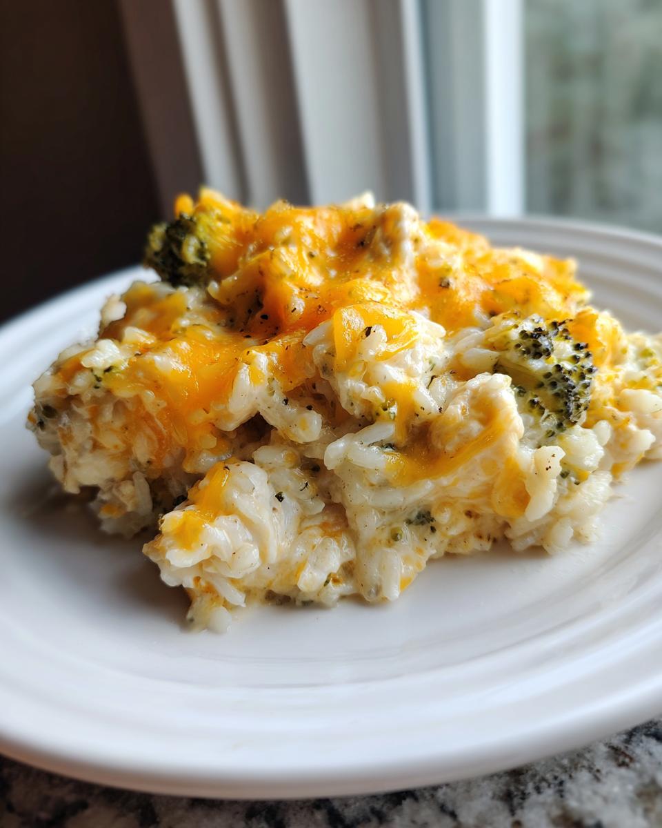 A close-up serving of creamy chicken broccoli rice casserole topped generously with melted cheddar cheese.