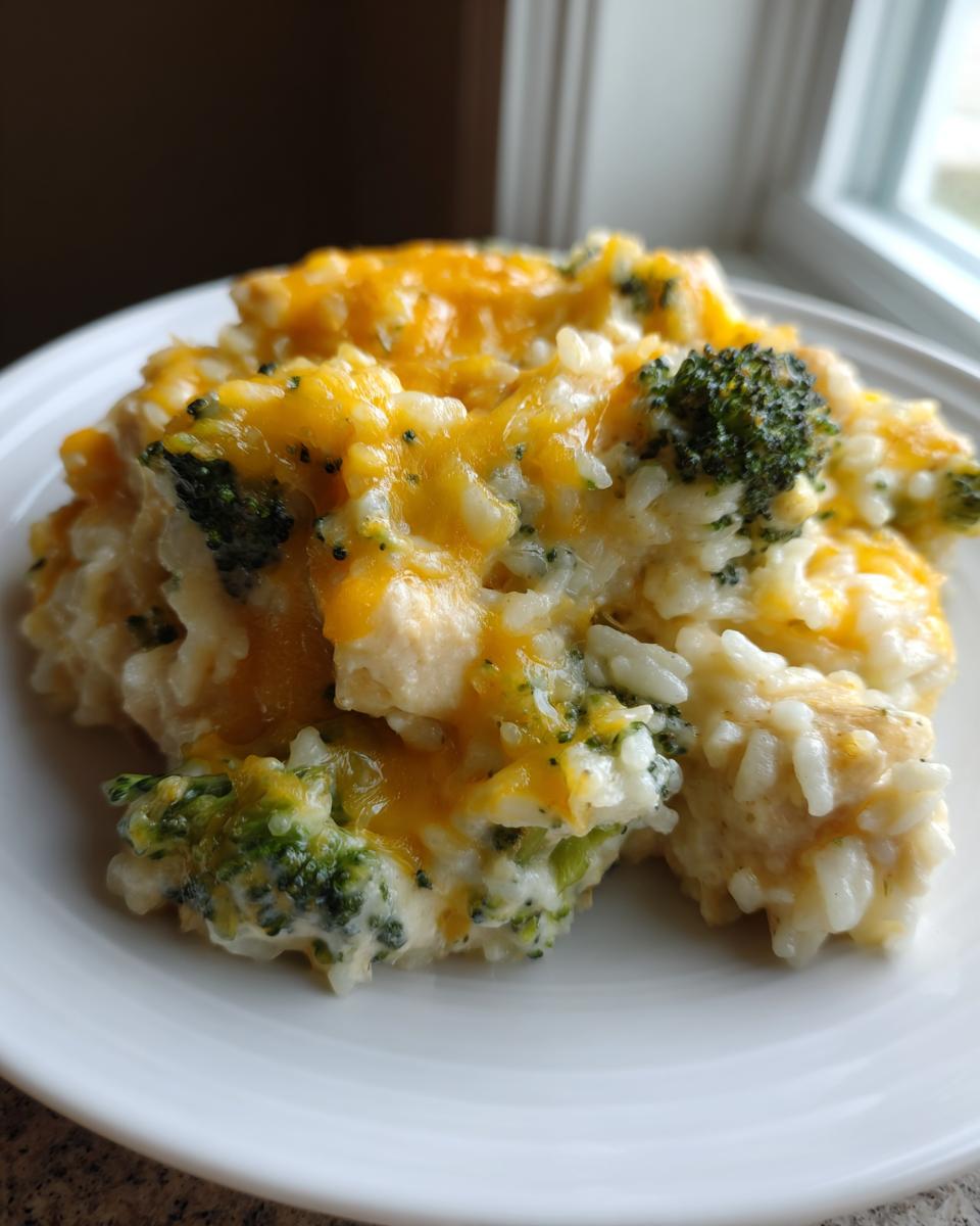 Close-up of a creamy serving of chicken broccoli rice casserole topped with melted cheddar cheese.