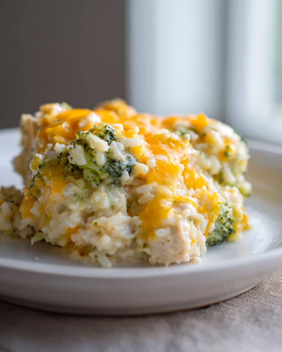 A close-up serving of creamy chicken broccoli rice casserole topped with melted cheddar cheese on a white plate.