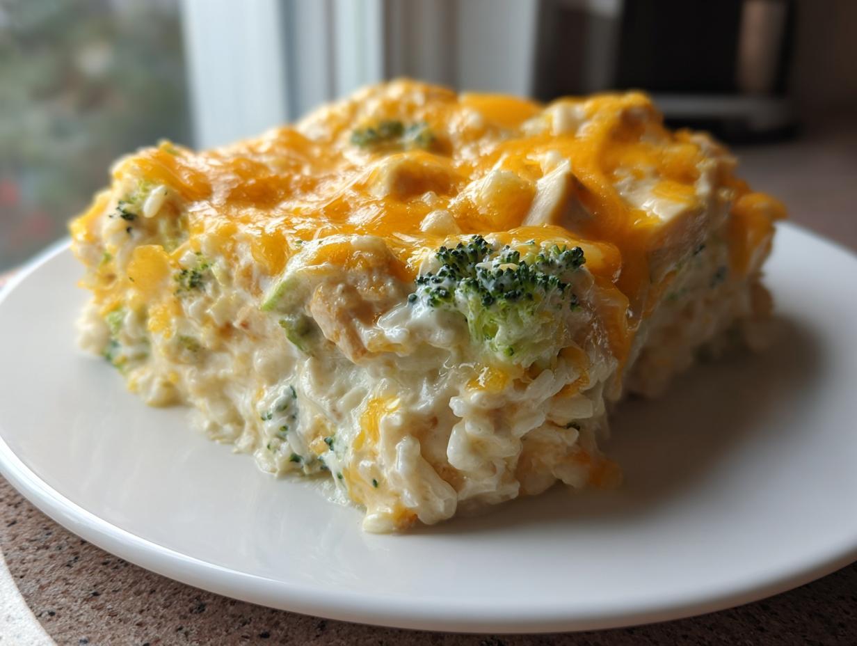 A square serving of creamy chicken broccoli rice casserole topped with melted cheddar cheese on a white plate.