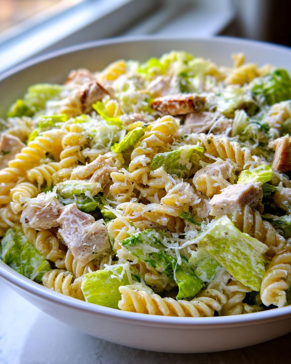 A close-up of a white bowl filled with creamy chicken caesar pasta salad featuring rotini pasta, chopped chicken, and romaine lettuce.