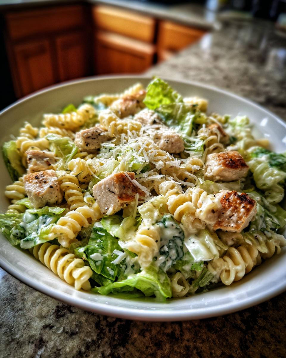A close-up of a bowl filled with chicken caesar pasta salad, featuring rotini pasta, grilled chicken chunks, romaine lettuce, and grated parmesan.