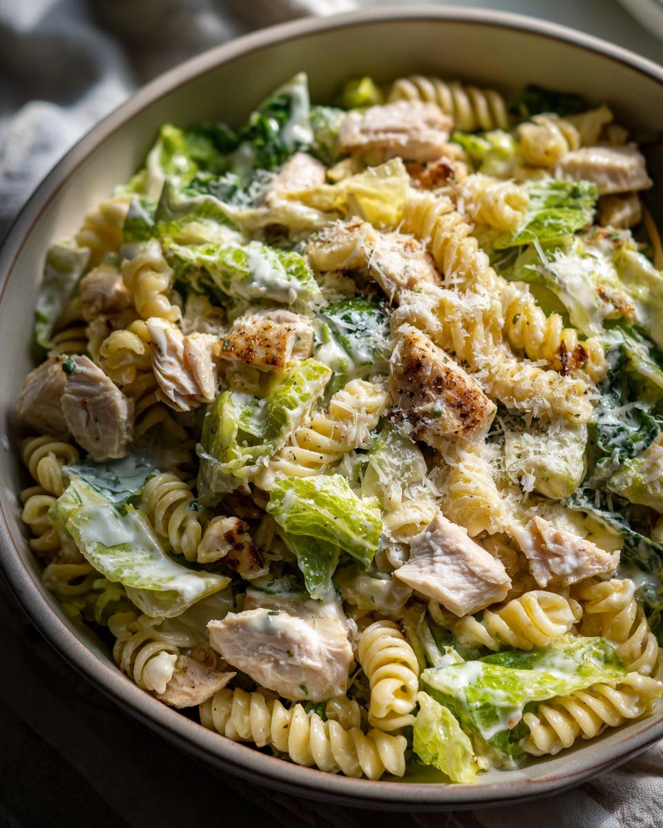 Close-up of a bowl filled with creamy chicken caesar pasta salad featuring rotini pasta, chopped chicken, and romaine lettuce.
