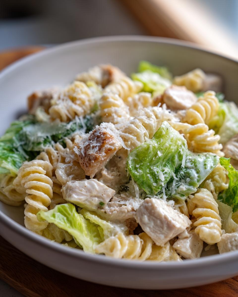 A close-up of a bowl filled with creamy chicken caesar pasta salad, featuring rotini pasta, chicken chunks, and romaine lettuce.