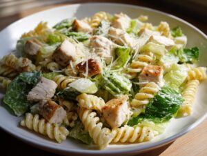 A close-up of a white bowl filled with chicken caesar pasta salad featuring rotini pasta, grilled chicken chunks, and romaine lettuce.