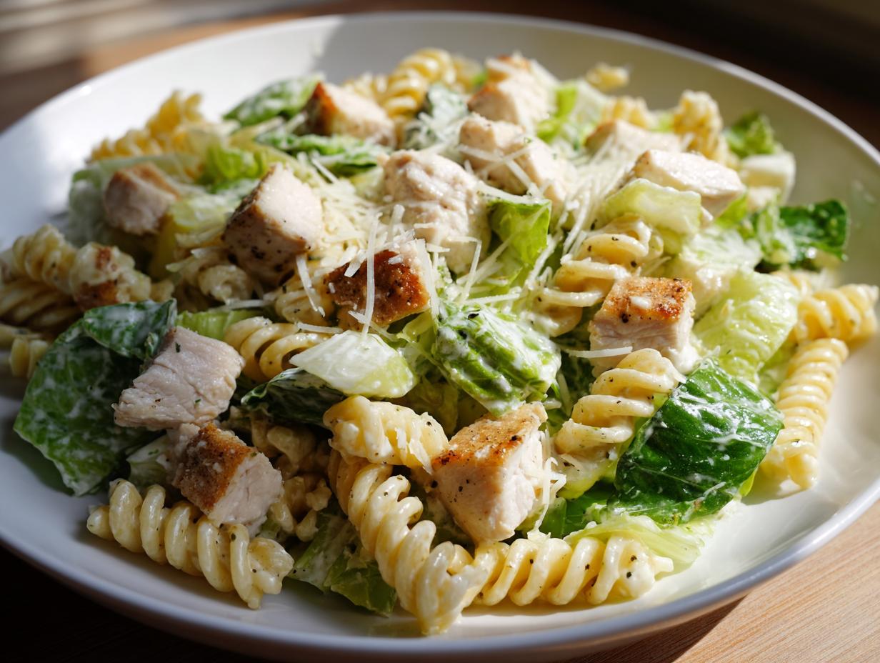 A close-up of a white bowl filled with chicken caesar pasta salad featuring rotini pasta, grilled chicken chunks, and romaine lettuce.