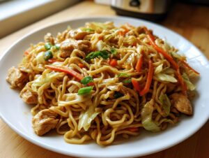 A close-up of a serving of homemade chicken chow mein recipe with noodles, chicken pieces, carrots, and cabbage.