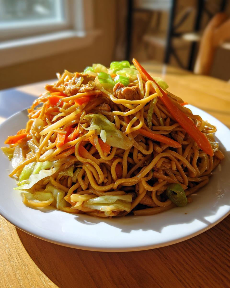 A close-up of a generous serving of chicken chow mein recipe, featuring noodles, chicken pieces, carrots, and cabbage.