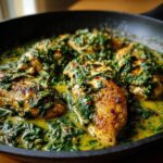 Close-up of seared chicken breasts smothered in creamy spinach sauce, making chicken florentine.
