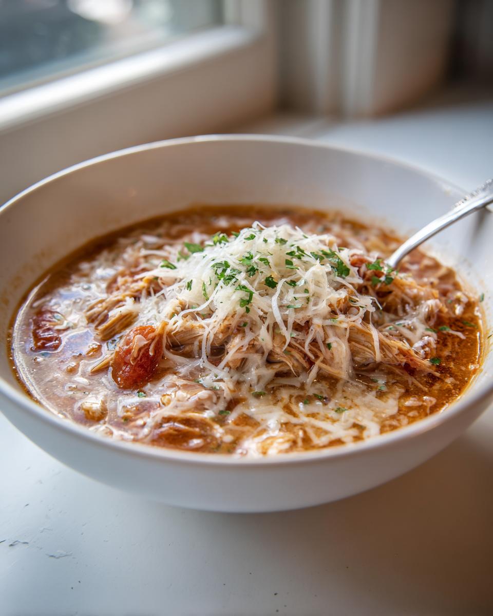 A close-up of a hearty bowl of chicken parmesan soup, featuring shredded chicken and topped generously with melted mozzarella and parsley.