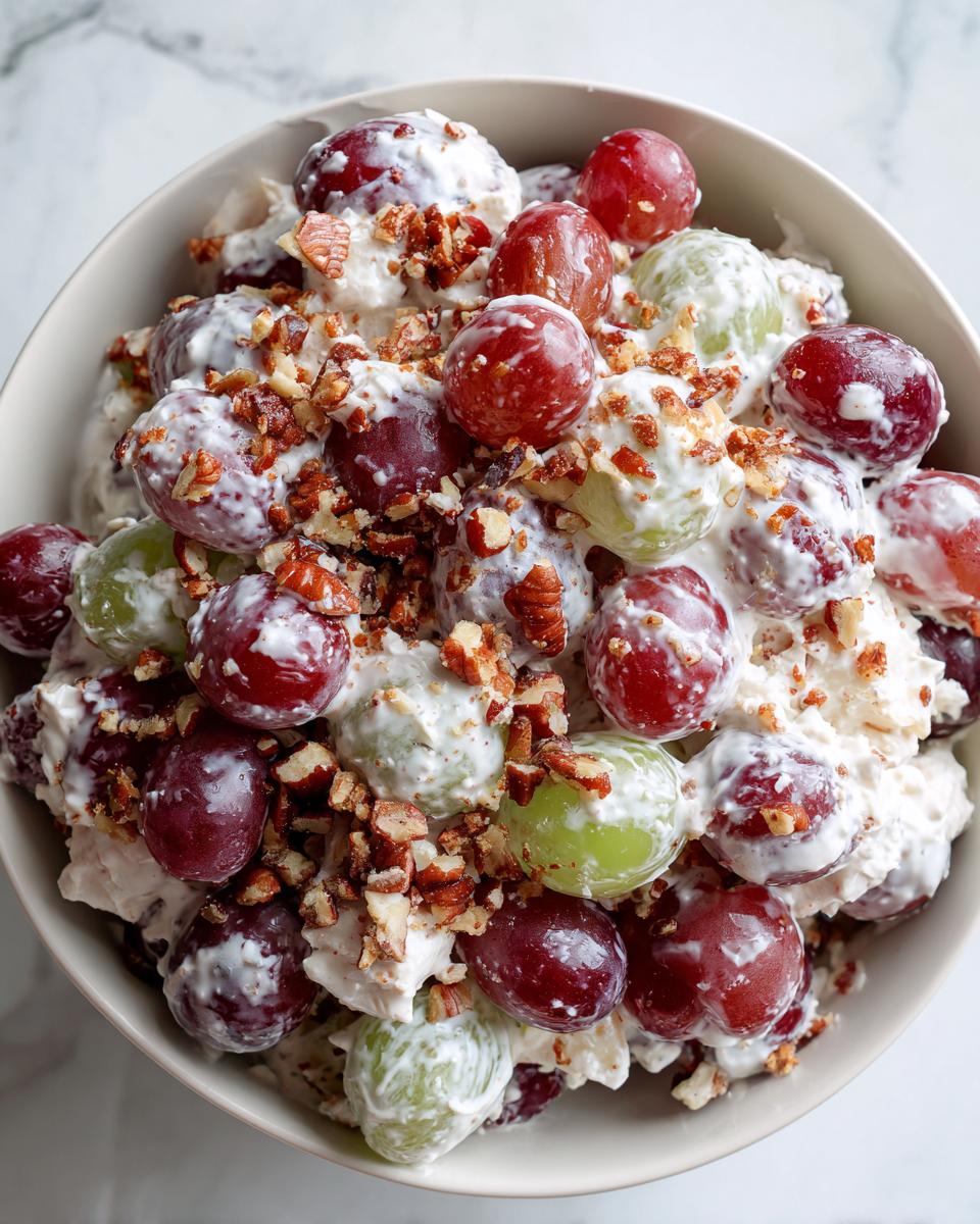 Overhead view of a creamy chicken salad chick grape salad mixed with red and green grapes and topped with chopped pecans.