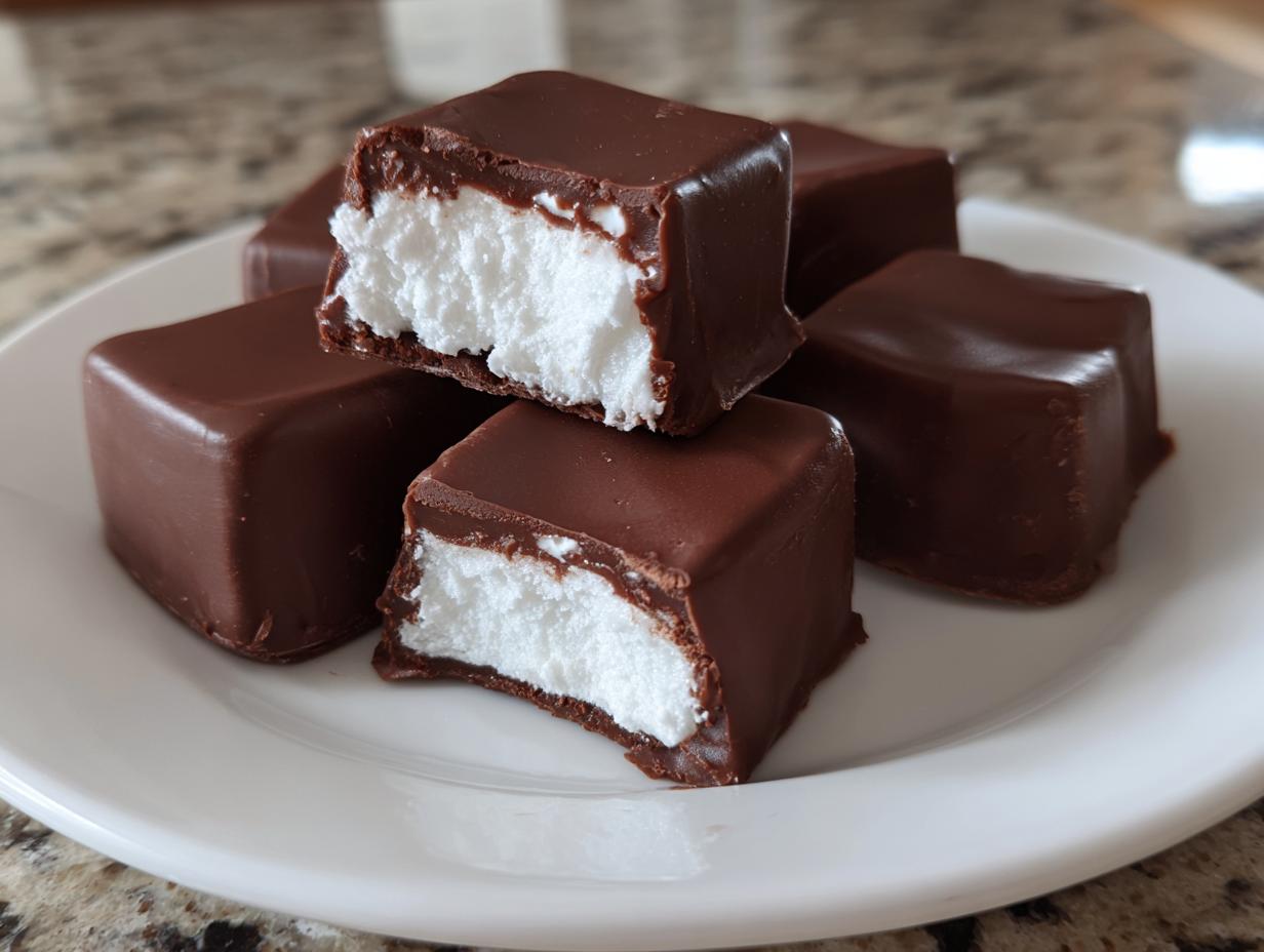 Close-up of several chocolate-coated squares revealing a fluffy white cool whip candy center.