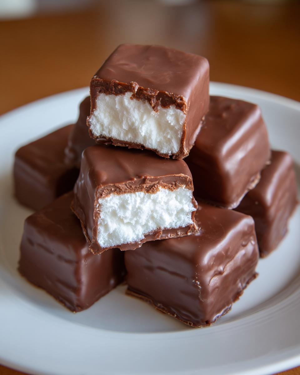 A stack of chocolate-covered squares, one cut open revealing the fluffy white cool whip candy center.