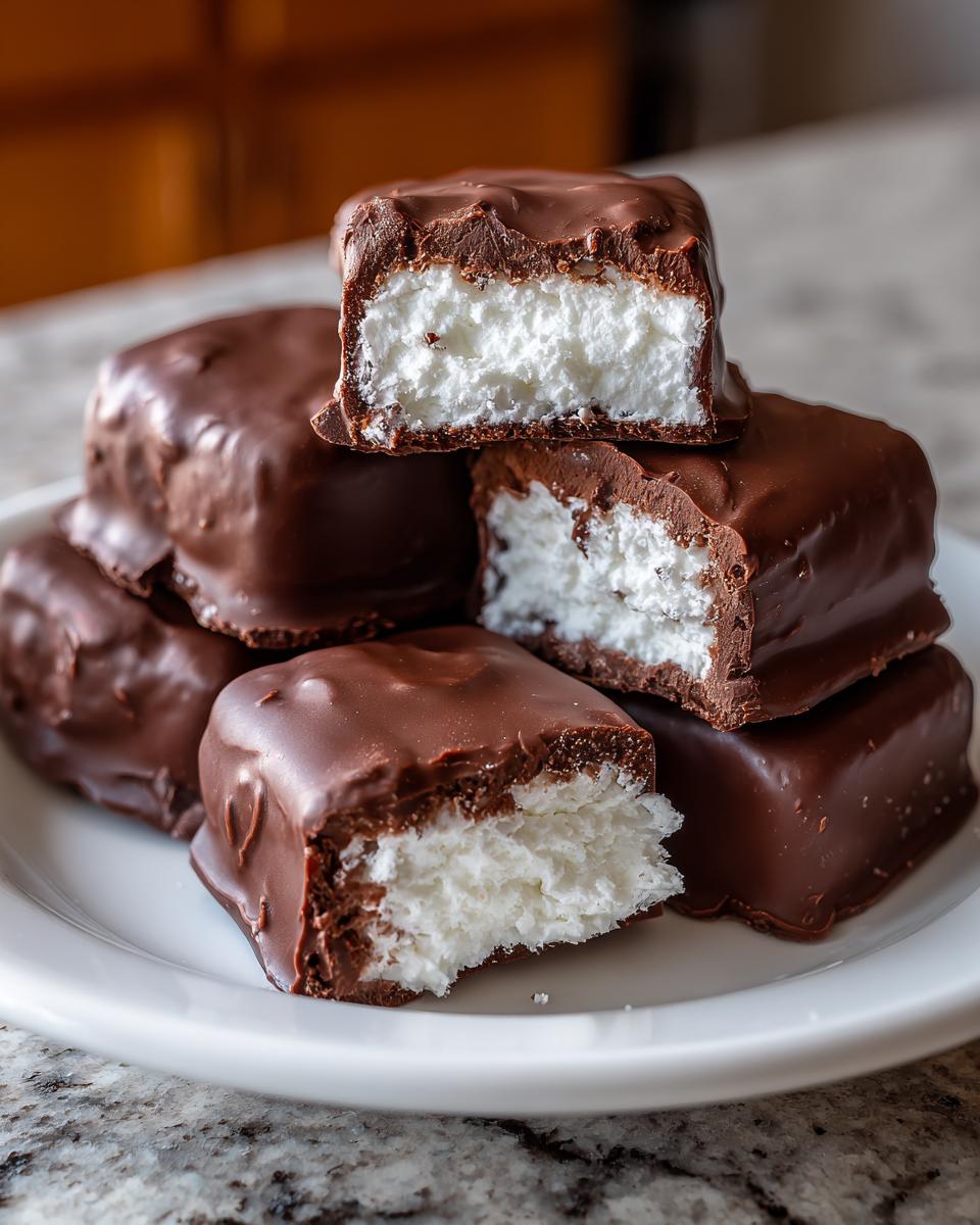 A stack of homemade chocolate covered bars revealing a fluffy white cool whip candy center.