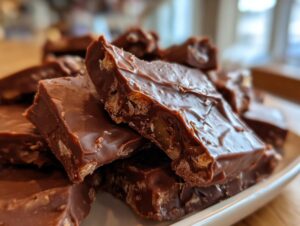 Close-up of broken pieces of chocolate-covered toffee recipe stacked on a white dish, showing crunchy nuts inside.