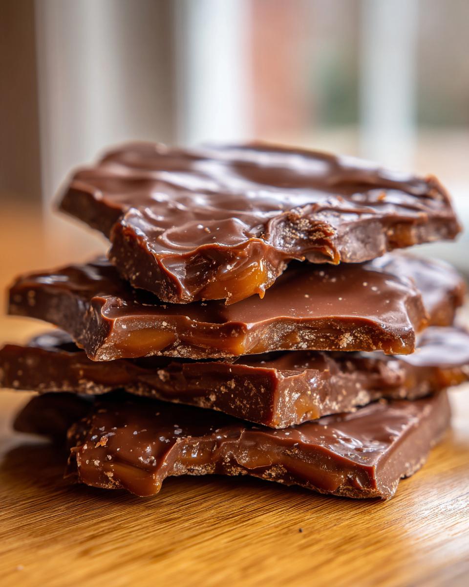 Close-up of stacked, broken pieces of chocolate toffee recipe, showing the gooey caramel layer underneath the chocolate.