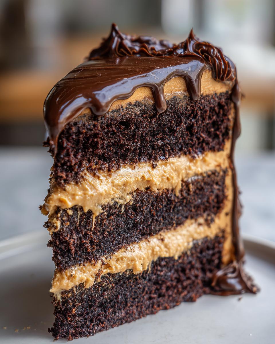 Close-up of a tall slice of chocolate peanut butter cake with three layers of dark cake and peanut butter frosting, topped with chocolate ganache.
