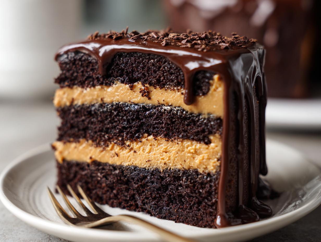 A decadent slice of chocolate peanut butter cake featuring three dark layers and two peanut butter filling layers, topped with chocolate ganache.