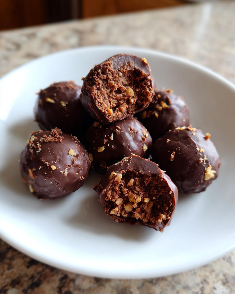 Close-up of several rich, chocolate-coated pecan pie balls, one broken open to show the nutty interior.