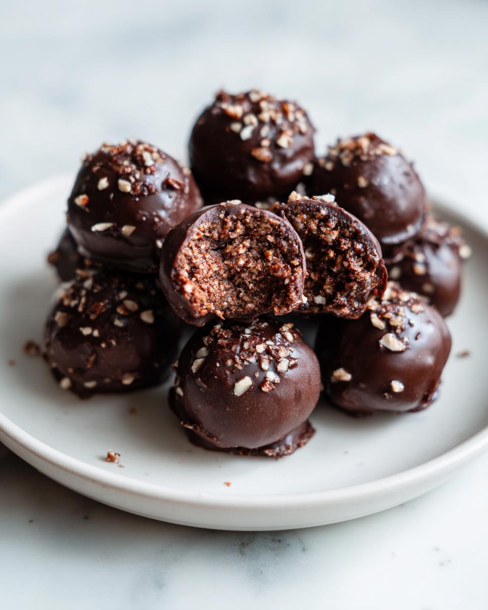 A stack of rich, chocolate-dipped pecan pie balls topped with chopped nuts, one is broken open.