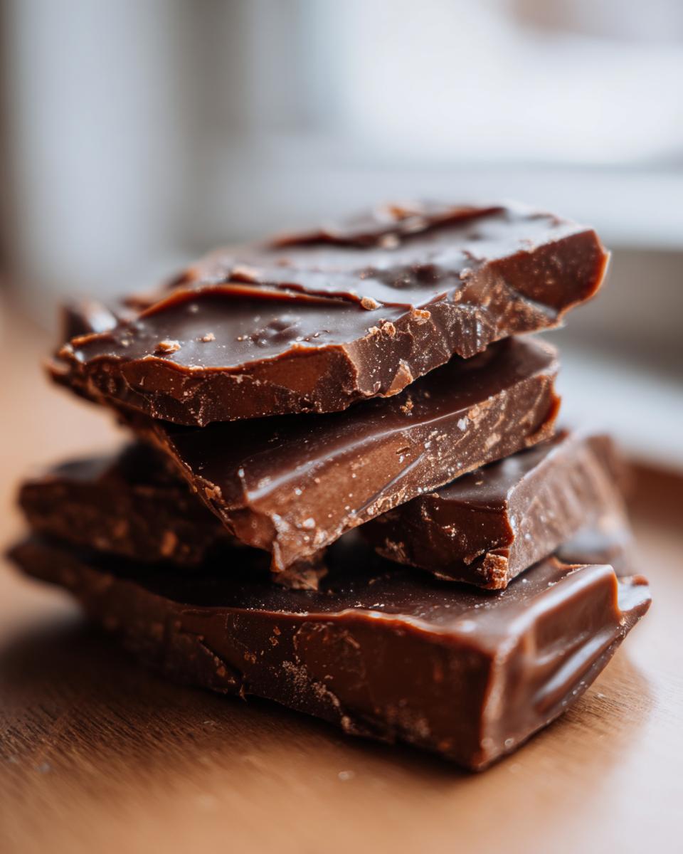 Stack of broken, rich dark chocolate pieces, perfect for a toffee recipe.