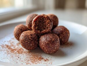 A stack of rich, dark chocolate protein balls dusted with cocoa powder on a white plate.
